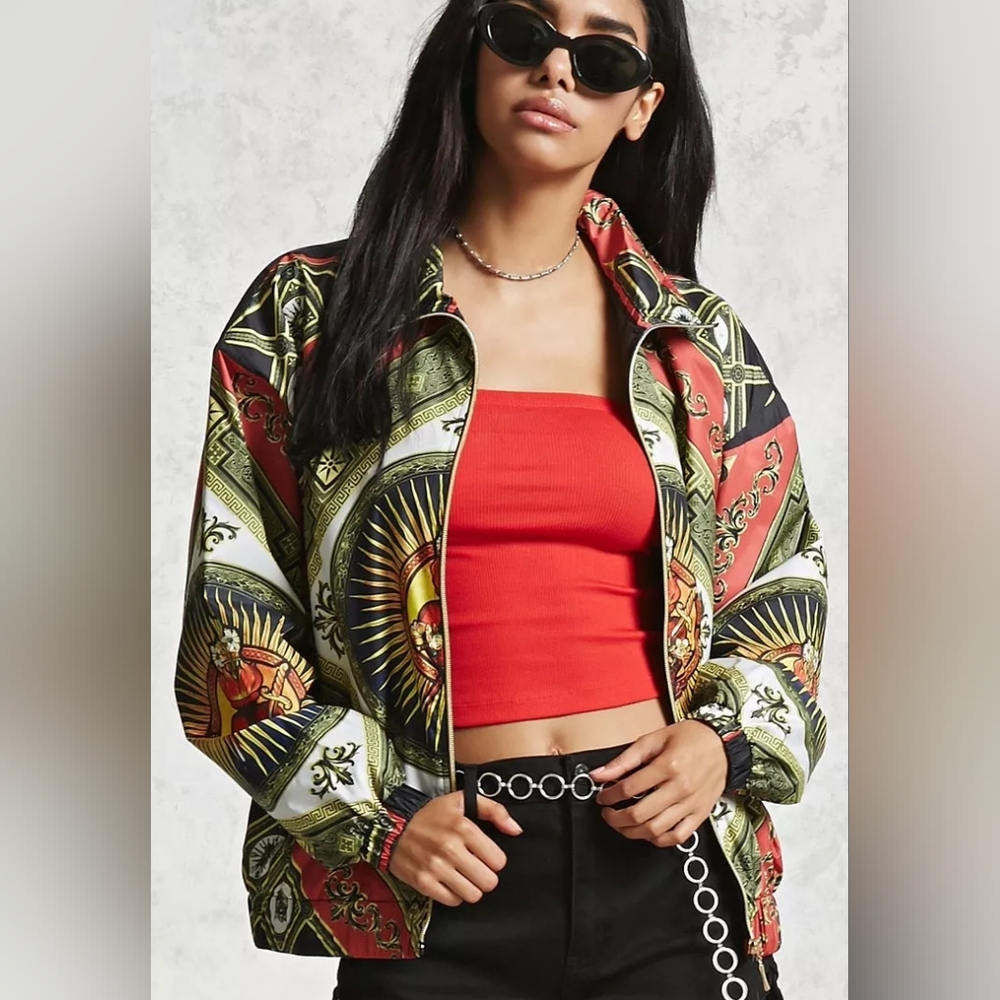 Forever 21 Black Orange Baroque Graphic Windbreaker - Small - Picture 1 of 8